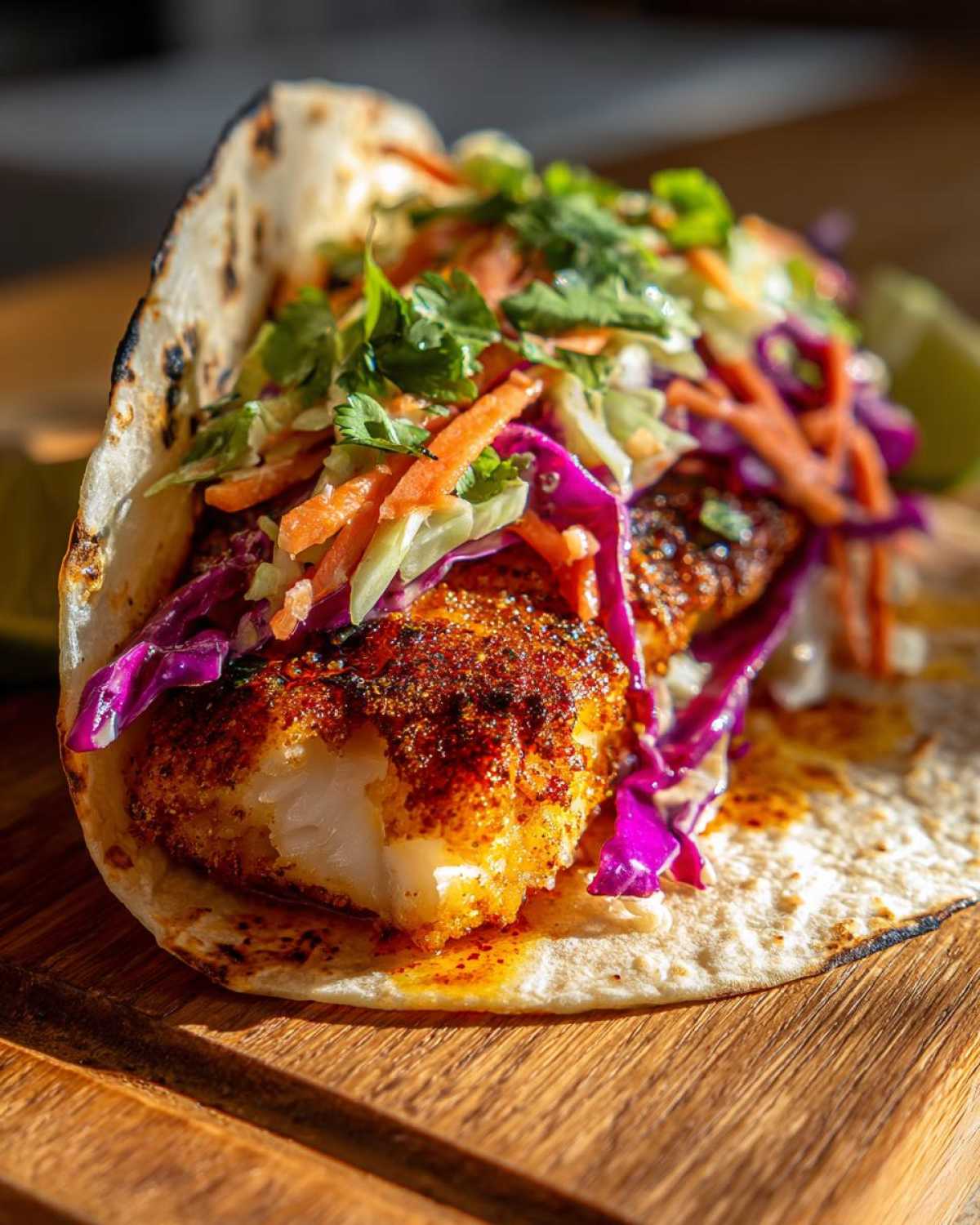 A close-up of a delicious Air Fryer Fish Taco filled with flaky white fish, red cabbage, shredded carrots, and cilantro.