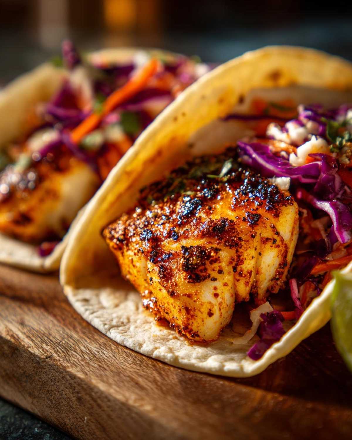 Close-up of two Air Fryer Fish Tacos filled with flaky white fish, red cabbage slaw, and lime on a wooden board.