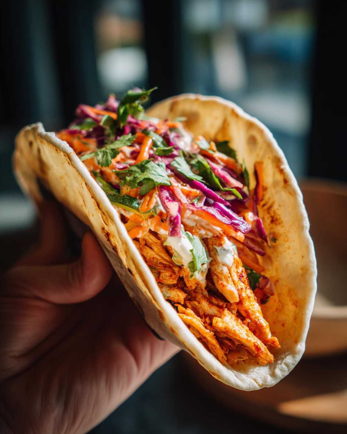 A hand holding a perfectly prepared Air Fryer Fish Taco, filled with seasoned fish, colorful slaw, and creamy sauce.