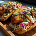 Close-up of two delicious Air Fryer Fish Tacos filled with crispy fish, fresh slaw, and cilantro.
