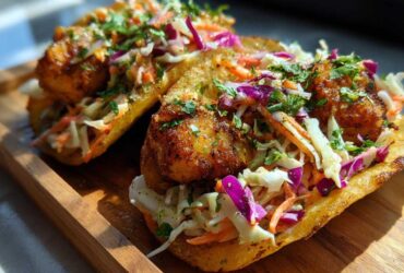 Close-up of two delicious Air Fryer Fish Tacos filled with crispy fish, fresh slaw, and cilantro.