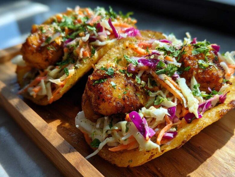 Close-up of two delicious Air Fryer Fish Tacos filled with crispy fish, fresh slaw, and cilantro.