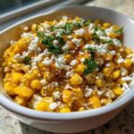 A white bowl filled with vibrant yellow air fryer Mexican street corn, topped with crumbled white cheese and fresh cilantro.