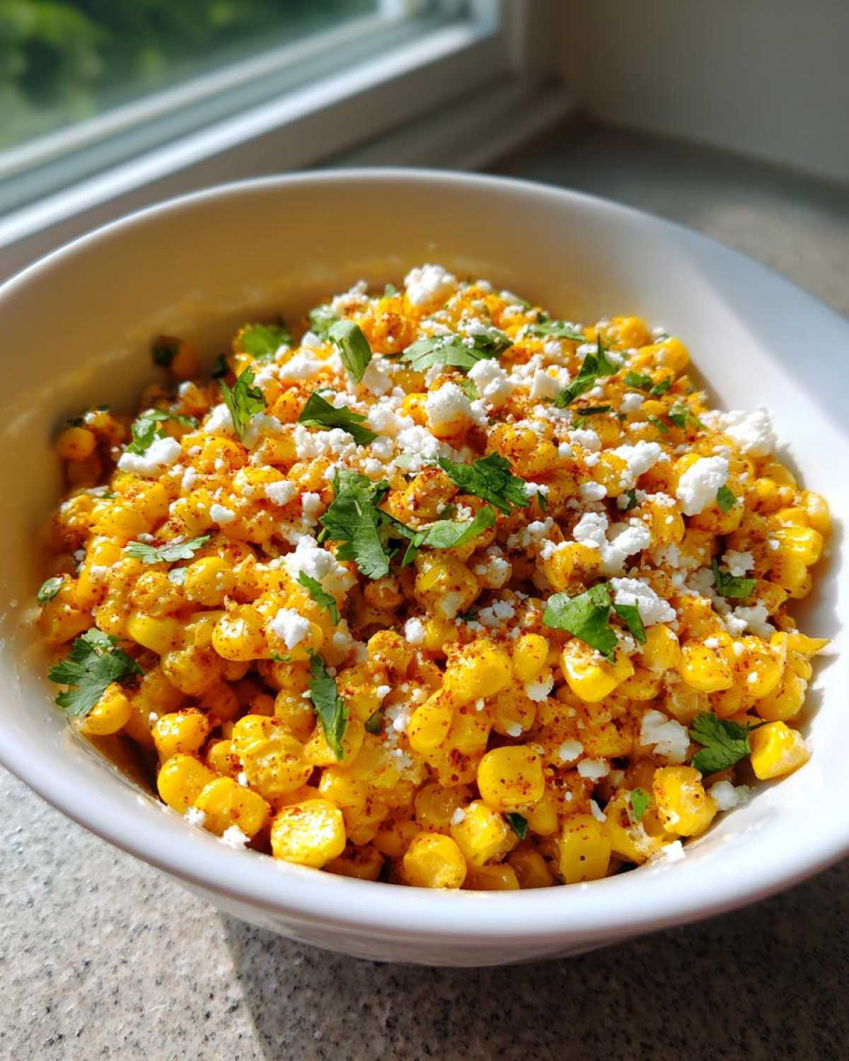 Close-up of Air Fryer Mexican Street Corn in a white bowl, topped with crumbled cotija cheese and cilantro.