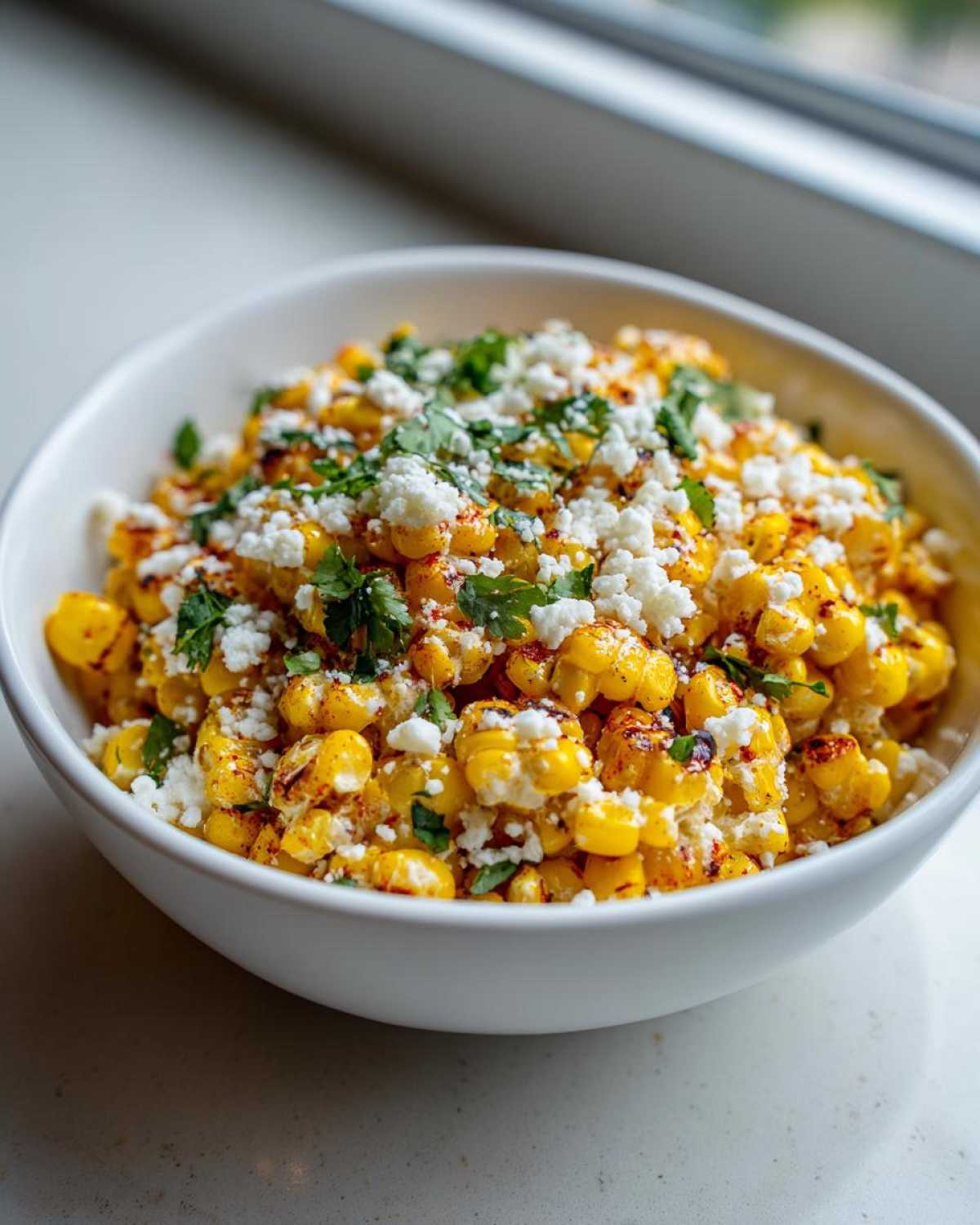A white bowl filled with Air Fryer Mexican Street Corn, topped with crumbled cheese and cilantro.