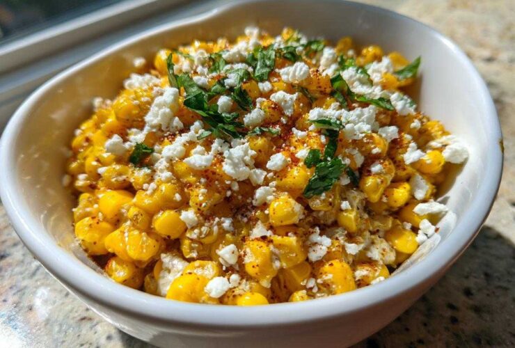 A white bowl filled with vibrant yellow air fryer Mexican street corn, topped with crumbled white cheese and fresh cilantro.