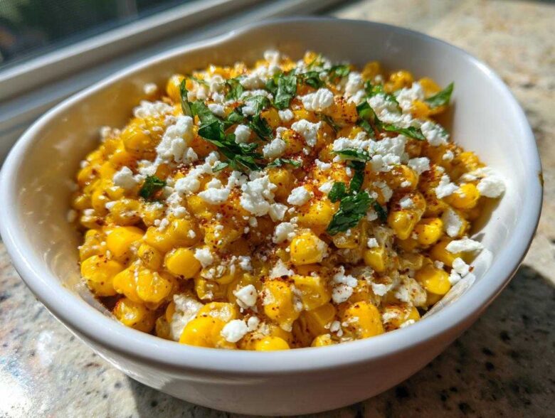 A white bowl filled with vibrant yellow air fryer Mexican street corn, topped with crumbled white cheese and fresh cilantro.