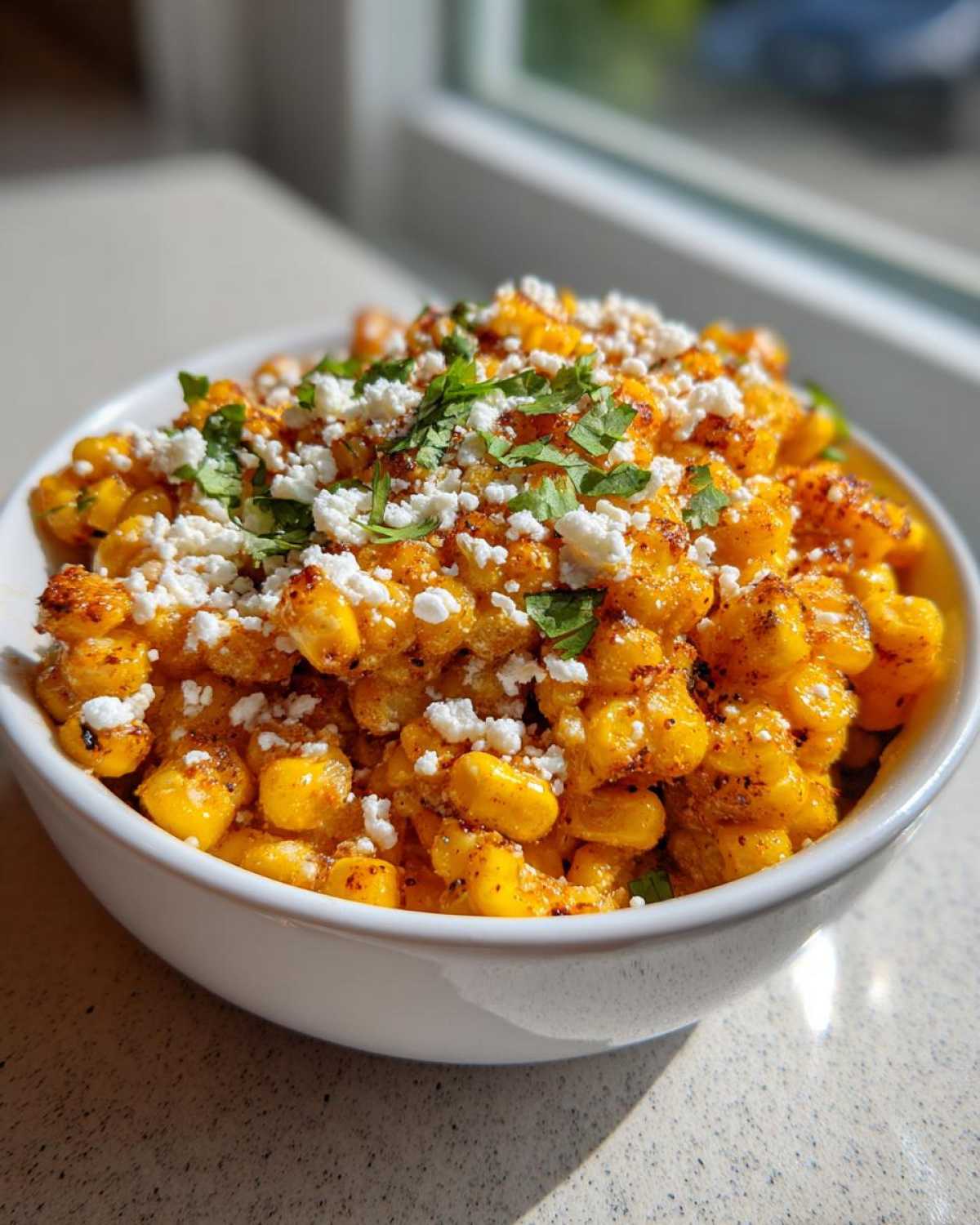 Close-up of Air Fryer Mexican Street Corn topped with crumbled cotija cheese and fresh cilantro.