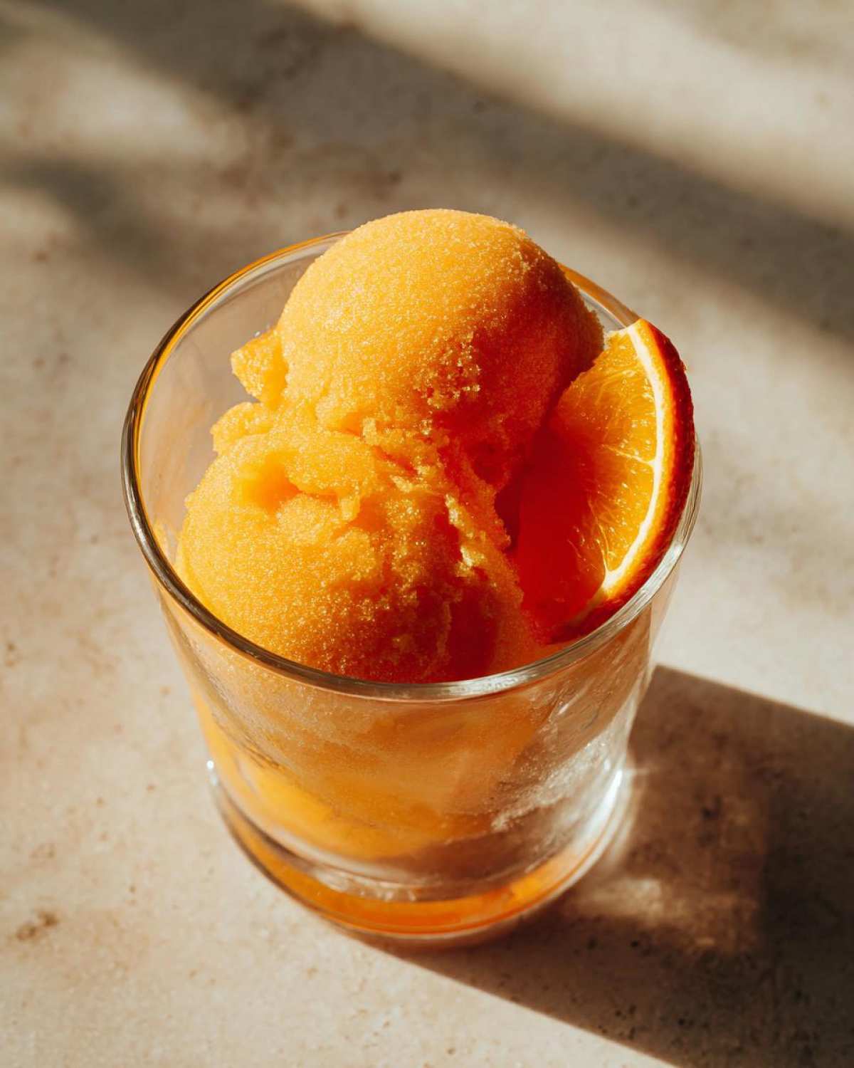 Two scoops of bright orange Aperol Spritz Popsicles in a glass, garnished with a fresh orange slice.