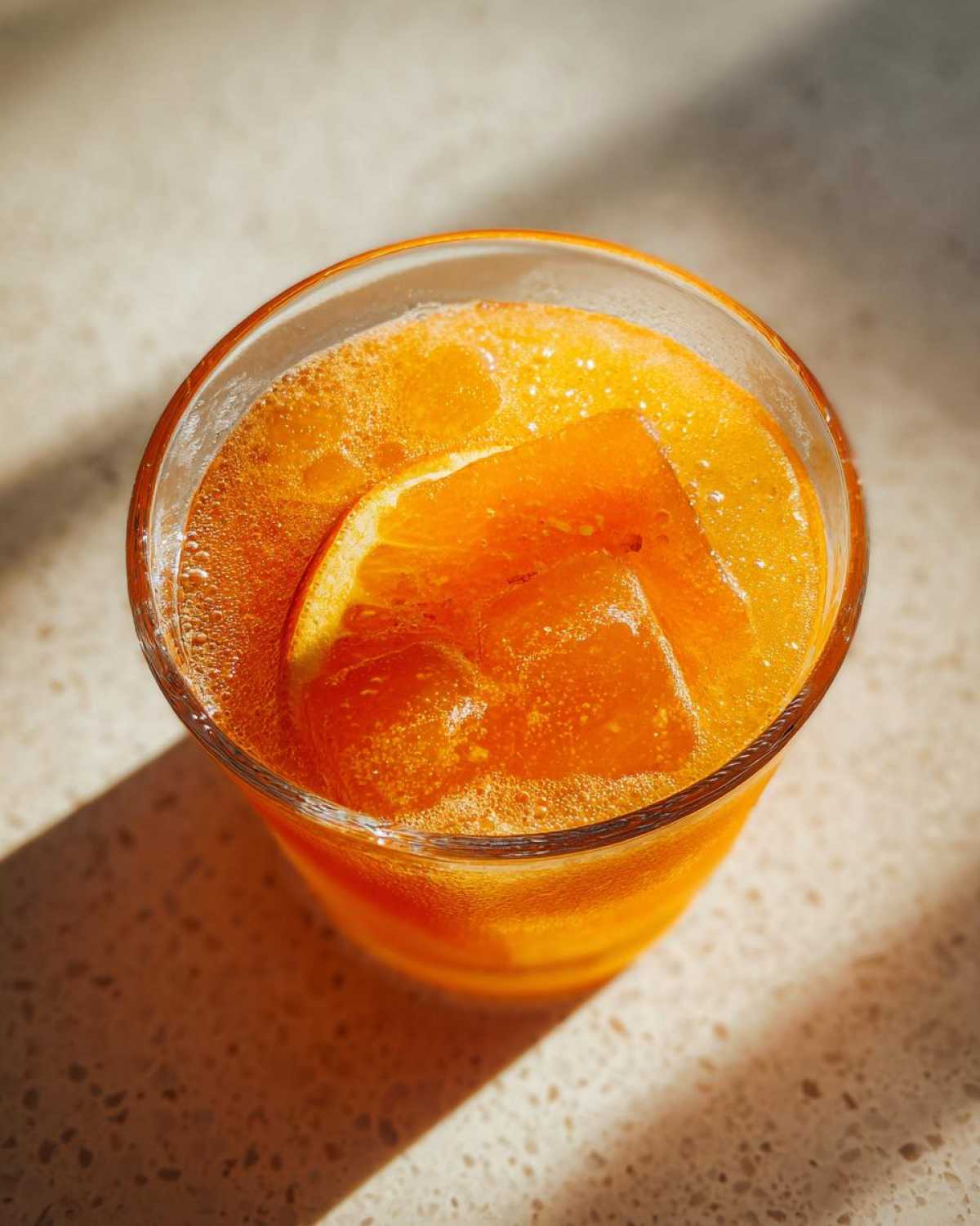 Close-up of a glass filled with Aperol Spritz Popsicles, ice, and an orange slice, with sunlight casting shadows.