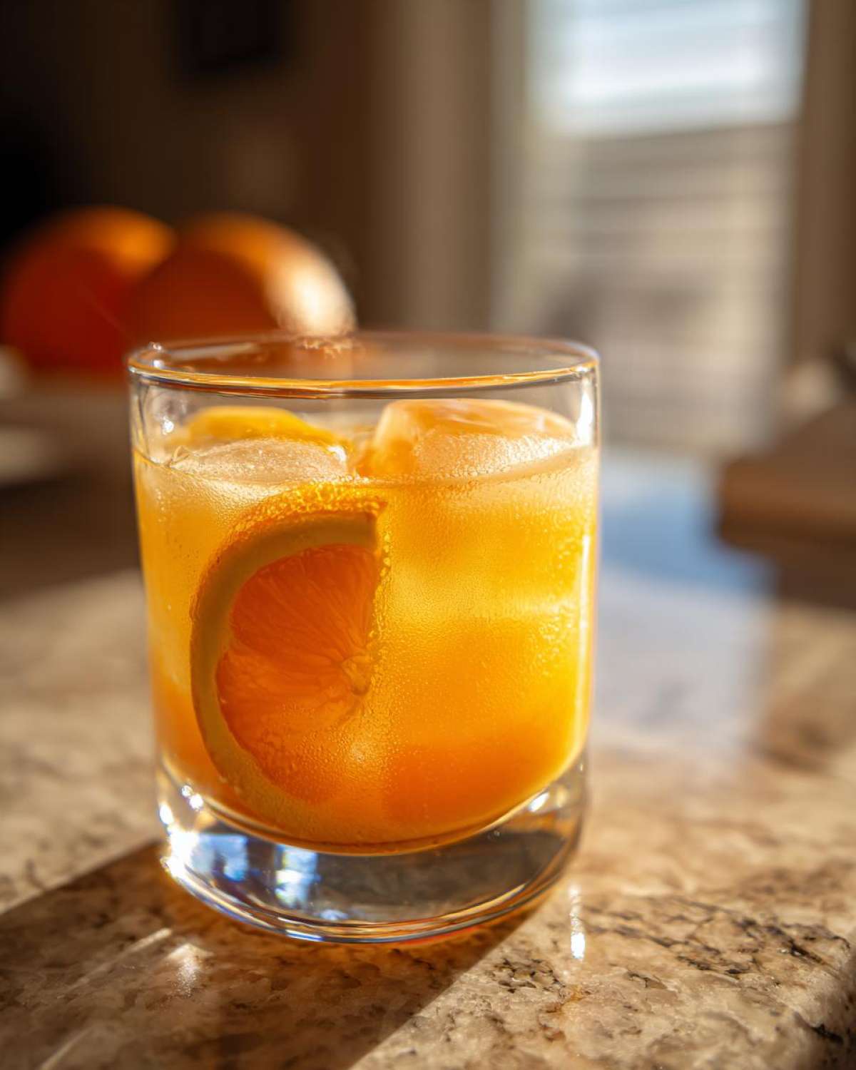A close-up of a glass filled with Aperol Spritz Popsicles, ice, and an orange slice garnish.