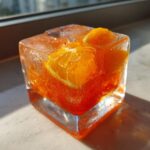 Close-up of an Aperol Spritz popsicle in a square ice cube mold with orange slices inside.