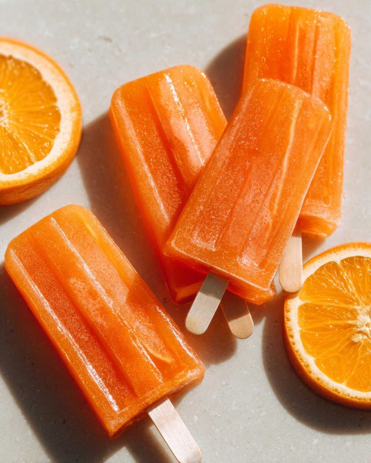 A close-up shot of several bright orange Aperol Spritz Popsicles arranged with fresh orange slices on a light-colored surface.