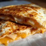 Close-up of two halves of a golden-brown Apple Cheddar Quesadilla, revealing melted cheddar cheese and apple filling.