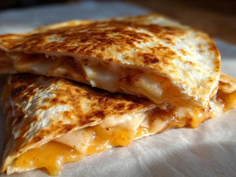 Close-up of two halves of a golden-brown Apple Cheddar Quesadilla, revealing melted cheddar cheese and apple filling.