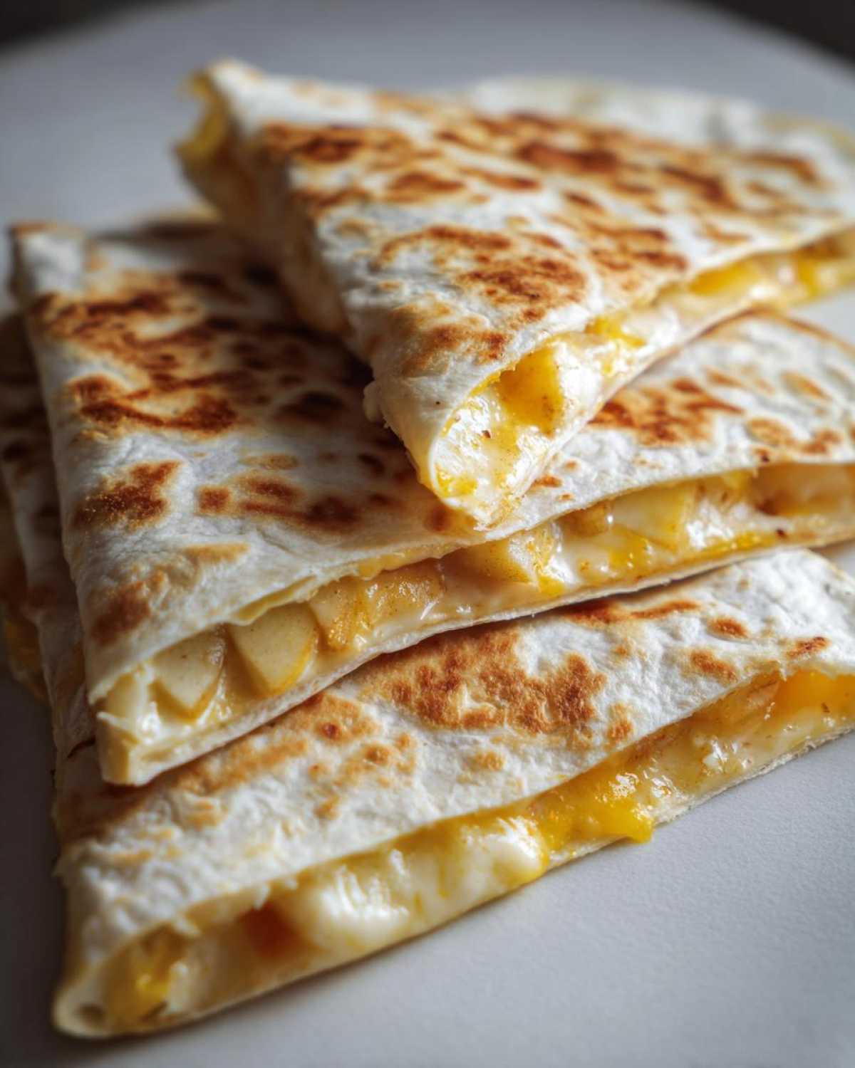 Close-up of stacked Apple Cheddar Quesadillas, showing melted cheese and apple slices.