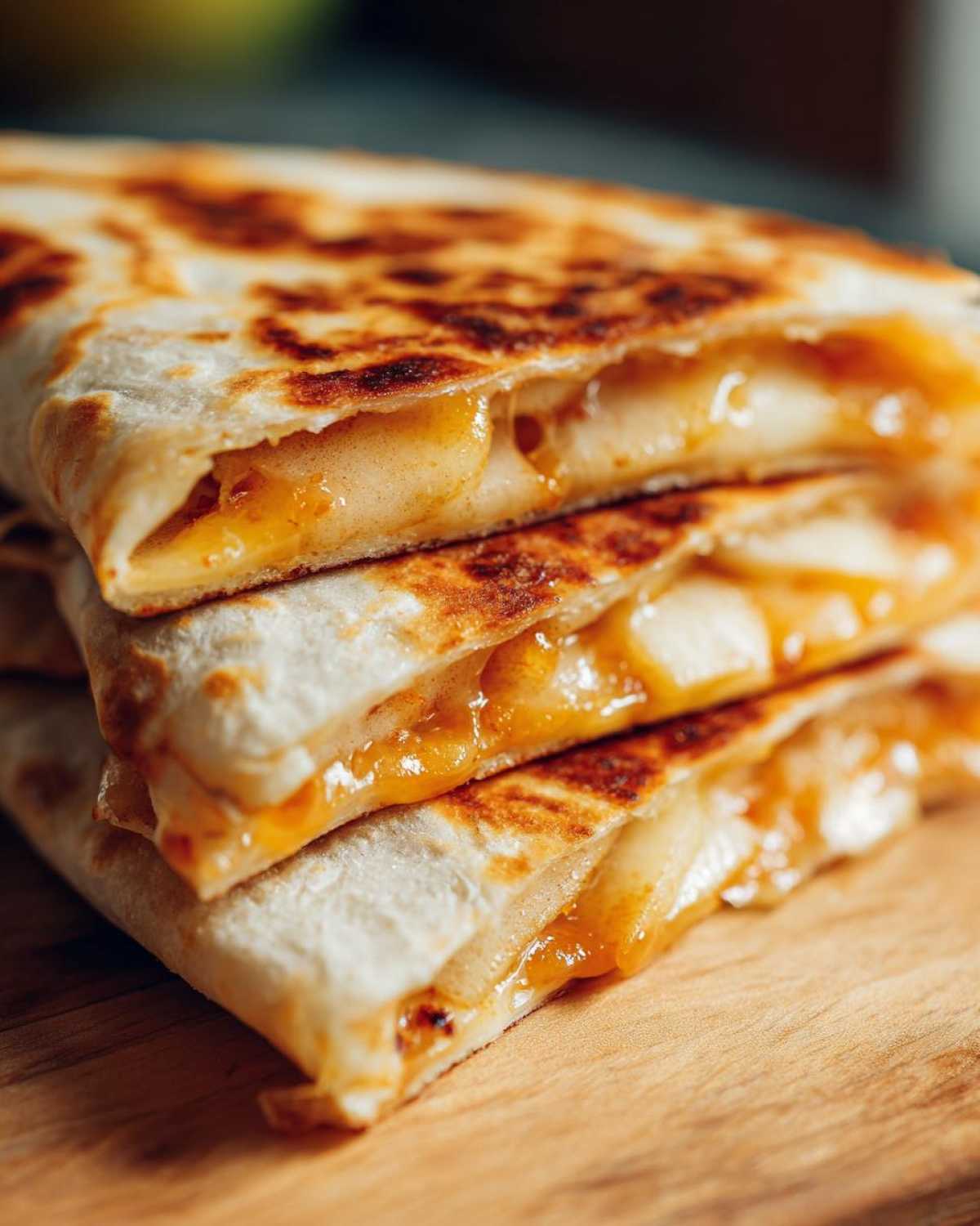 Close-up of stacked Apple Cheddar Quesadillas, showing melted cheddar cheese and apple filling.
