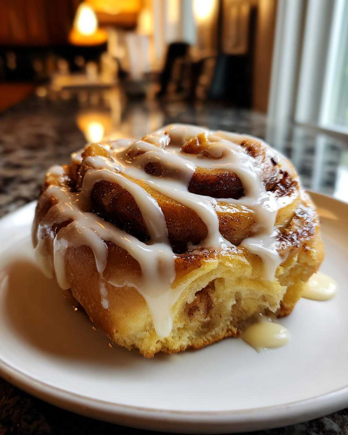 A close-up of a fluffy Apple Cinnamon Roll drizzled with creamy white glaze on a white plate.