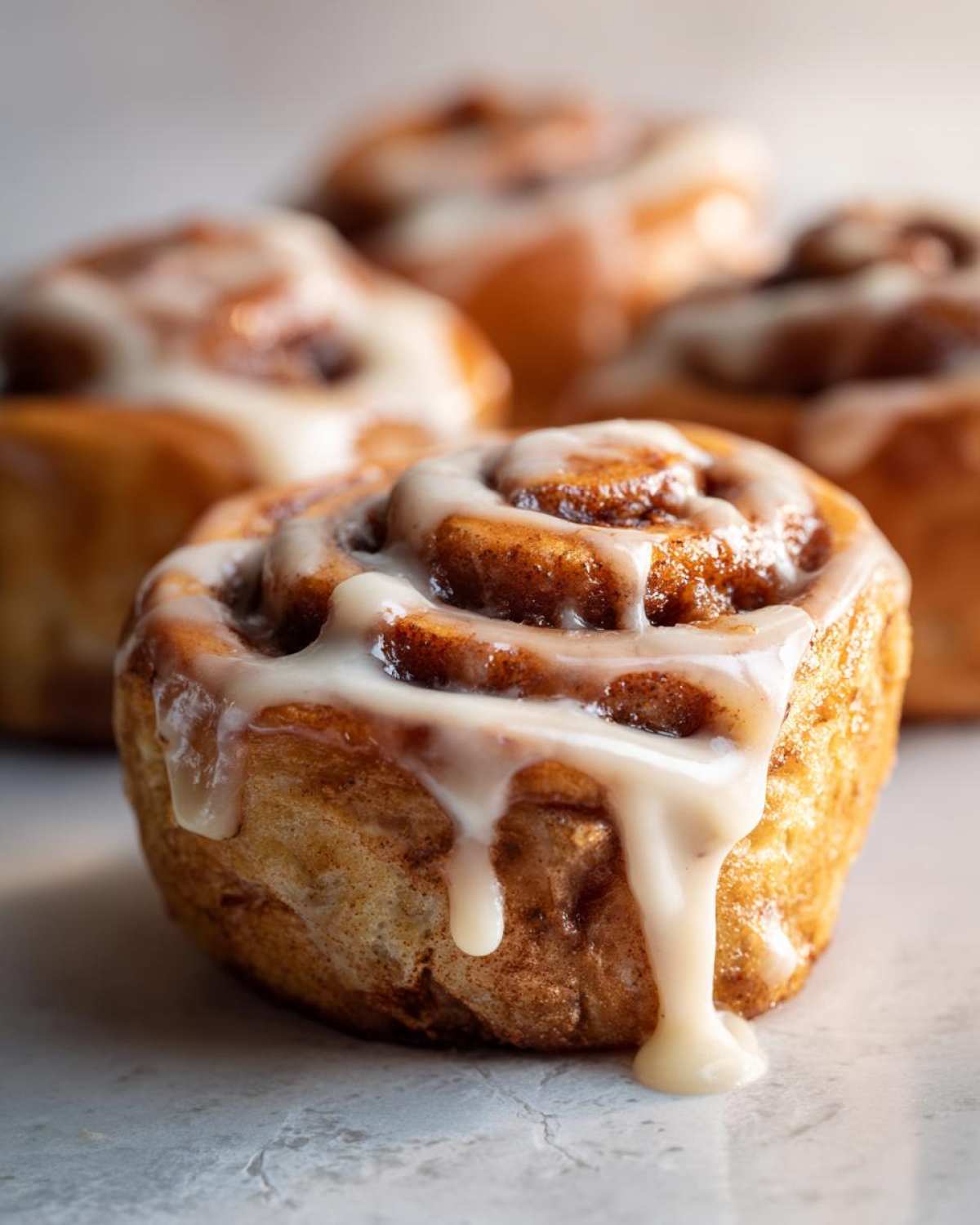 Close-up of a freshly baked Apple Cinnamon Roll, generously drizzled with creamy frosting.