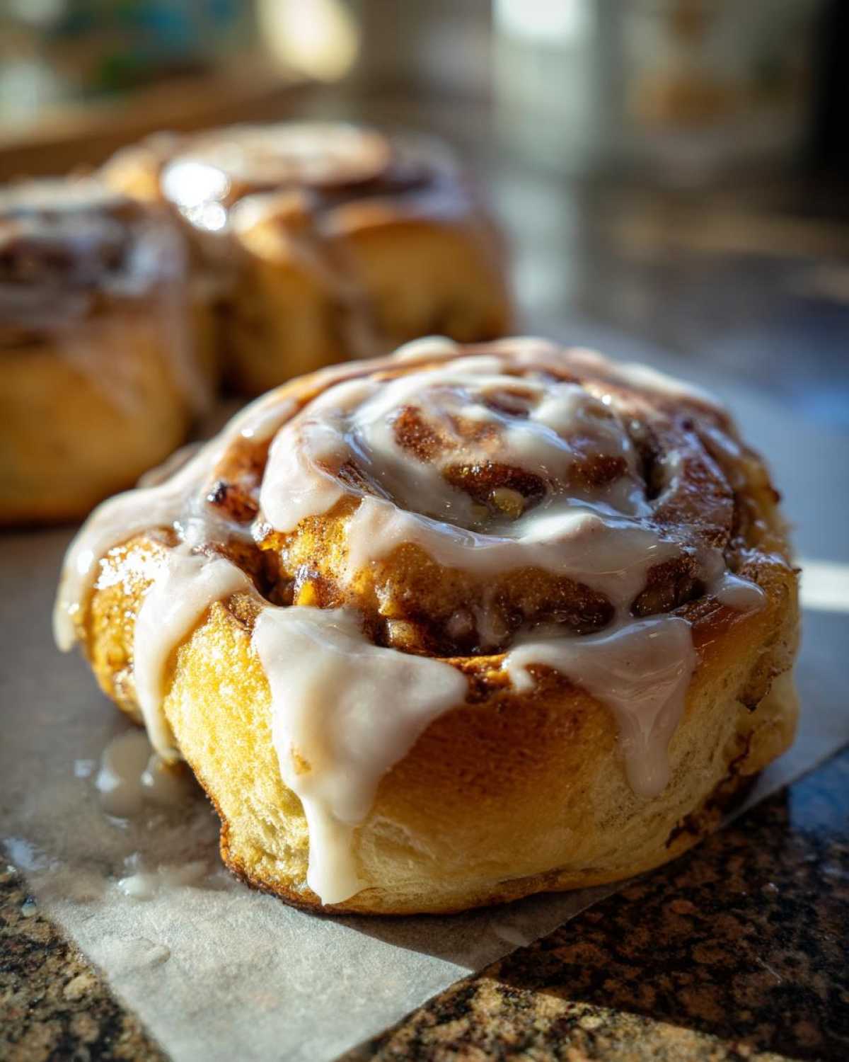 Close-up of a freshly baked Apple Cinnamon Roll drizzled with white icing.
