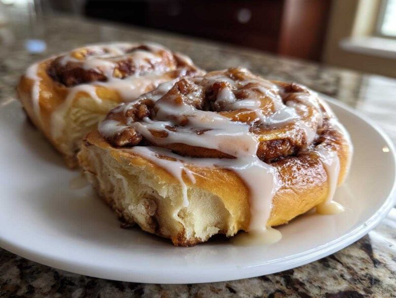 Two fluffy Apple Cinnamon Rolls generously drizzled with white icing on a white plate.
