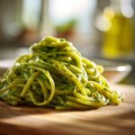 A close-up of a generous portion of Avocado Pesto Pasta, coated in vibrant green sauce, served on a wooden board.