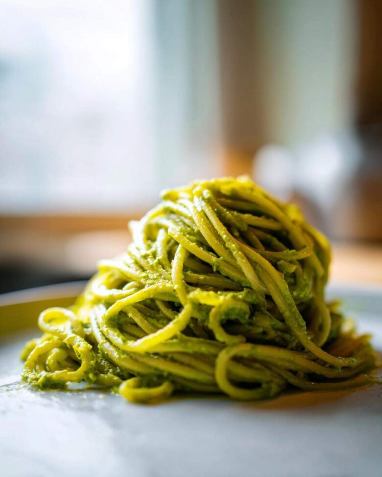 A close-up of a plate of spaghetti coated in vibrant green avocado pesto pasta.