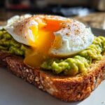 Close-up of delicious Avocado Toast with Poached Egg, with the yolk oozing out.