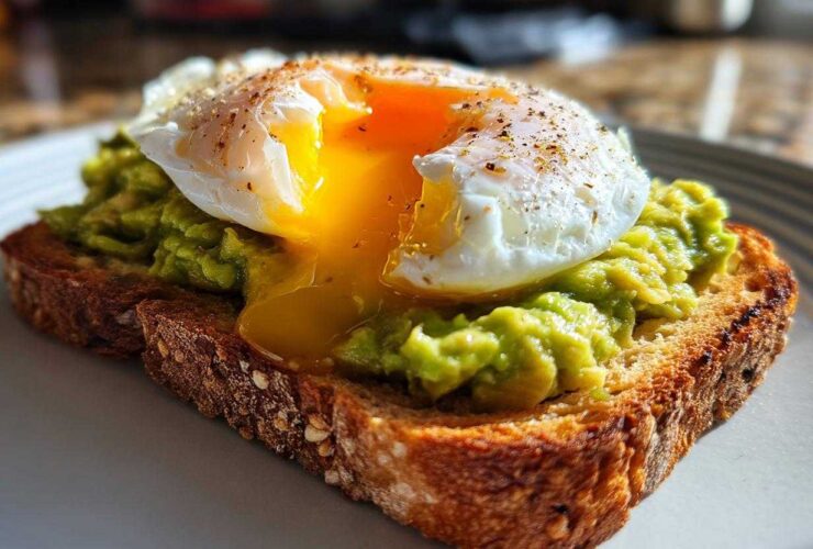 Close-up of delicious Avocado Toast with Poached Egg, with the yolk oozing out.