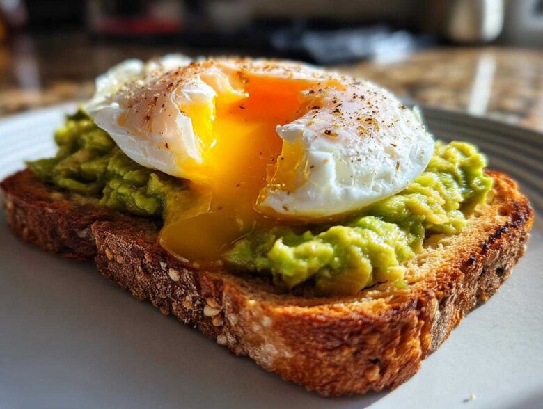 Close-up of delicious Avocado Toast with Poached Egg, with the yolk oozing out.