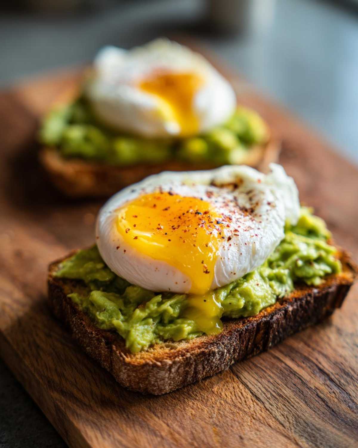 Close-up of delicious Avocado Toast with Poached Egg, showing runny yolk and seasoned toast.