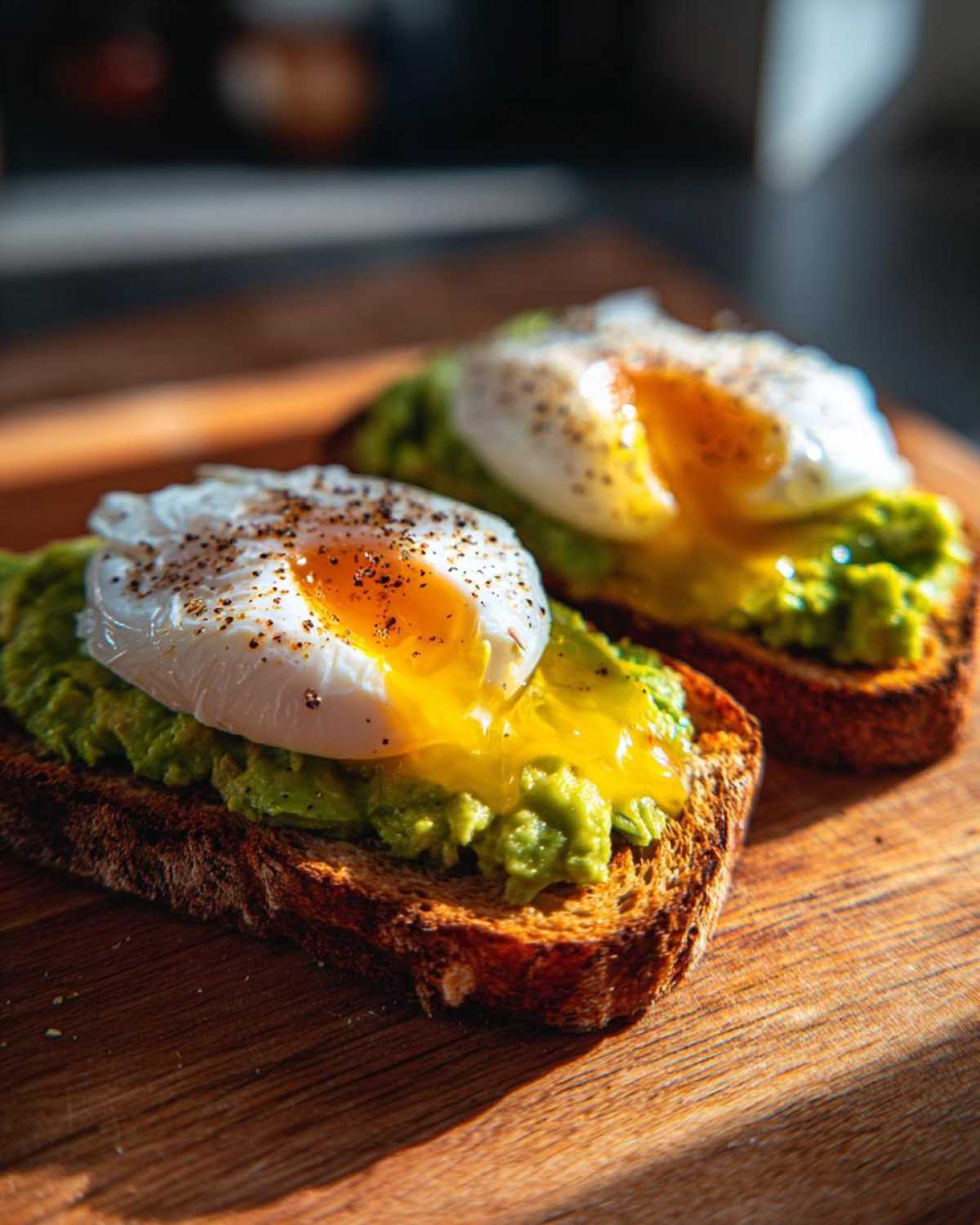 Close-up of two slices of avocado toast topped with perfectly poached eggs, showing a runny yolk and sprinkled with black pepper.