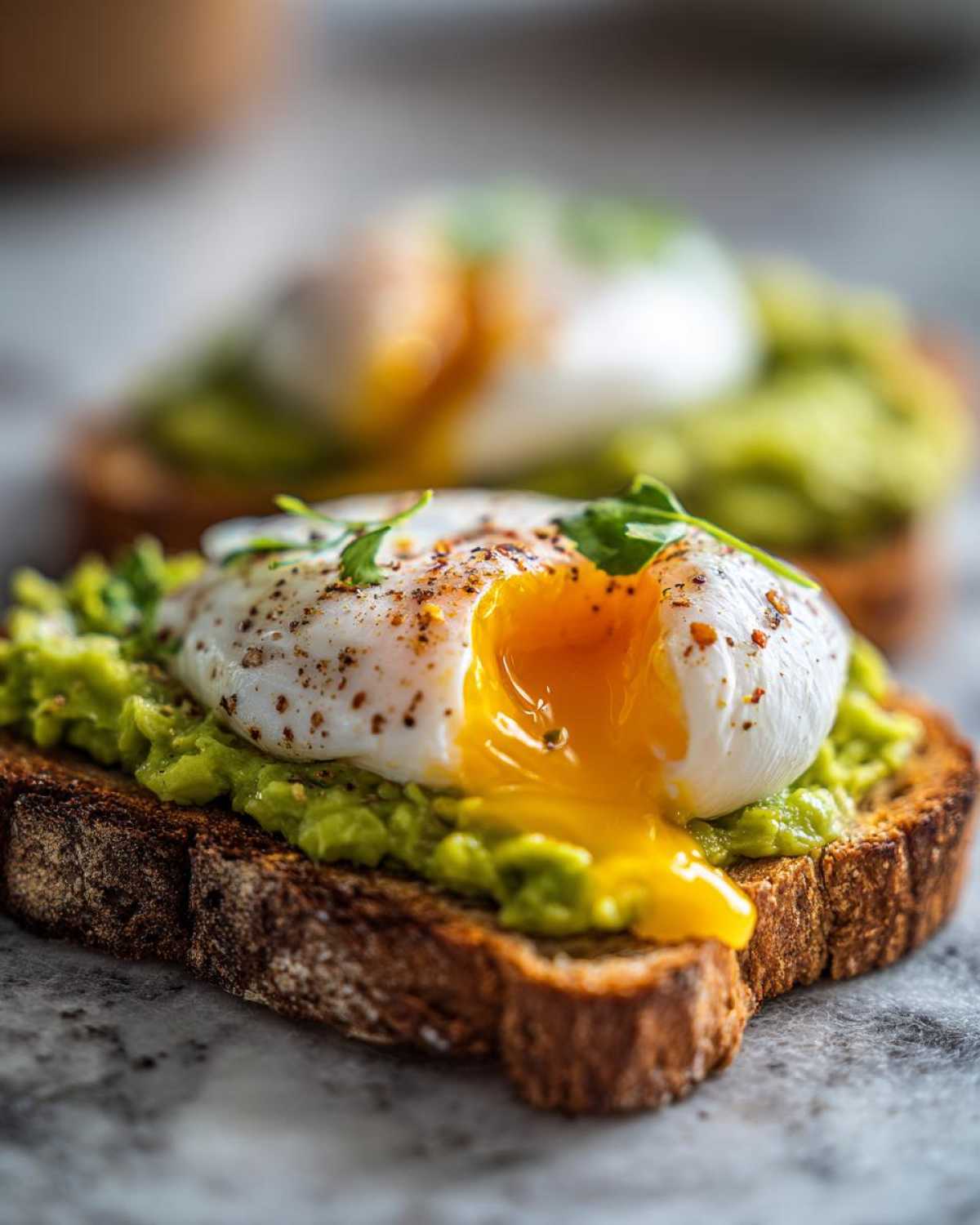 Close-up of a perfectly poached egg with a runny yolk on top of creamy avocado toast, seasoned with pepper and herbs.