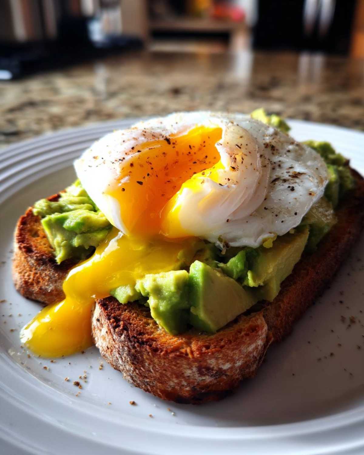 Close-up of delicious Avocado Toast with Poached Egg, showcasing a perfectly runny yolk cascading over creamy avocado and toasted bread.