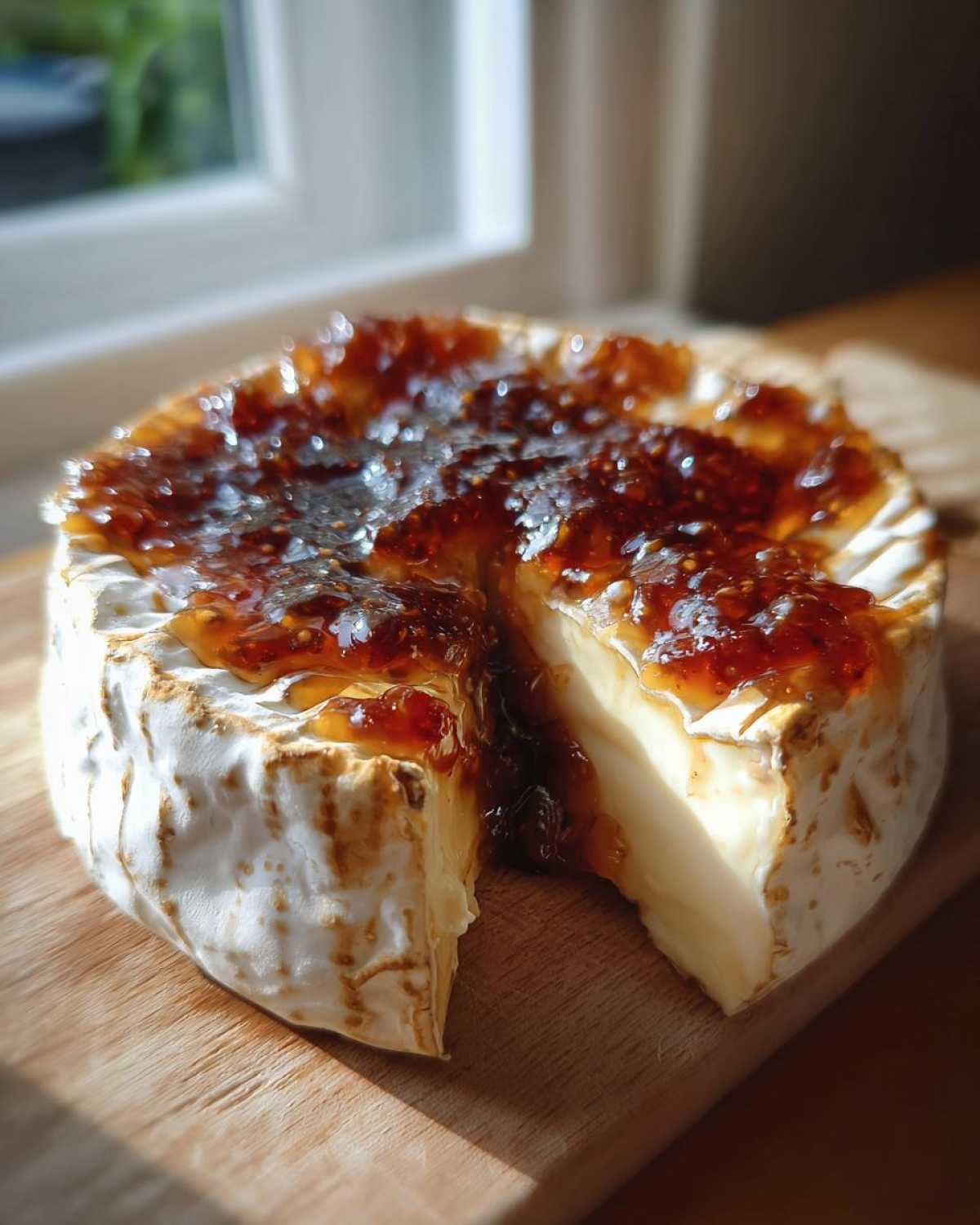 A wheel of baked brie topped with glistening fig jam, with a slice cut out.