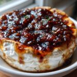 A close-up of a round baked brie topped generously with glistening fig jam, ready to be served.
