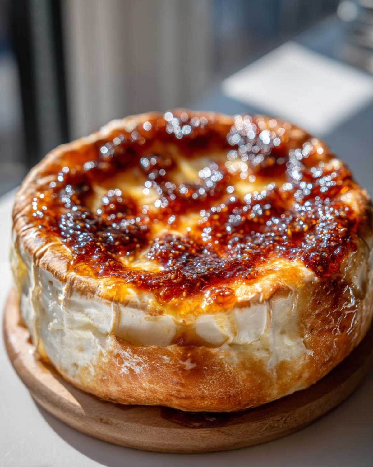 A whole wheel of warm baked brie topped generously with glistening fig jam, ready to be served.