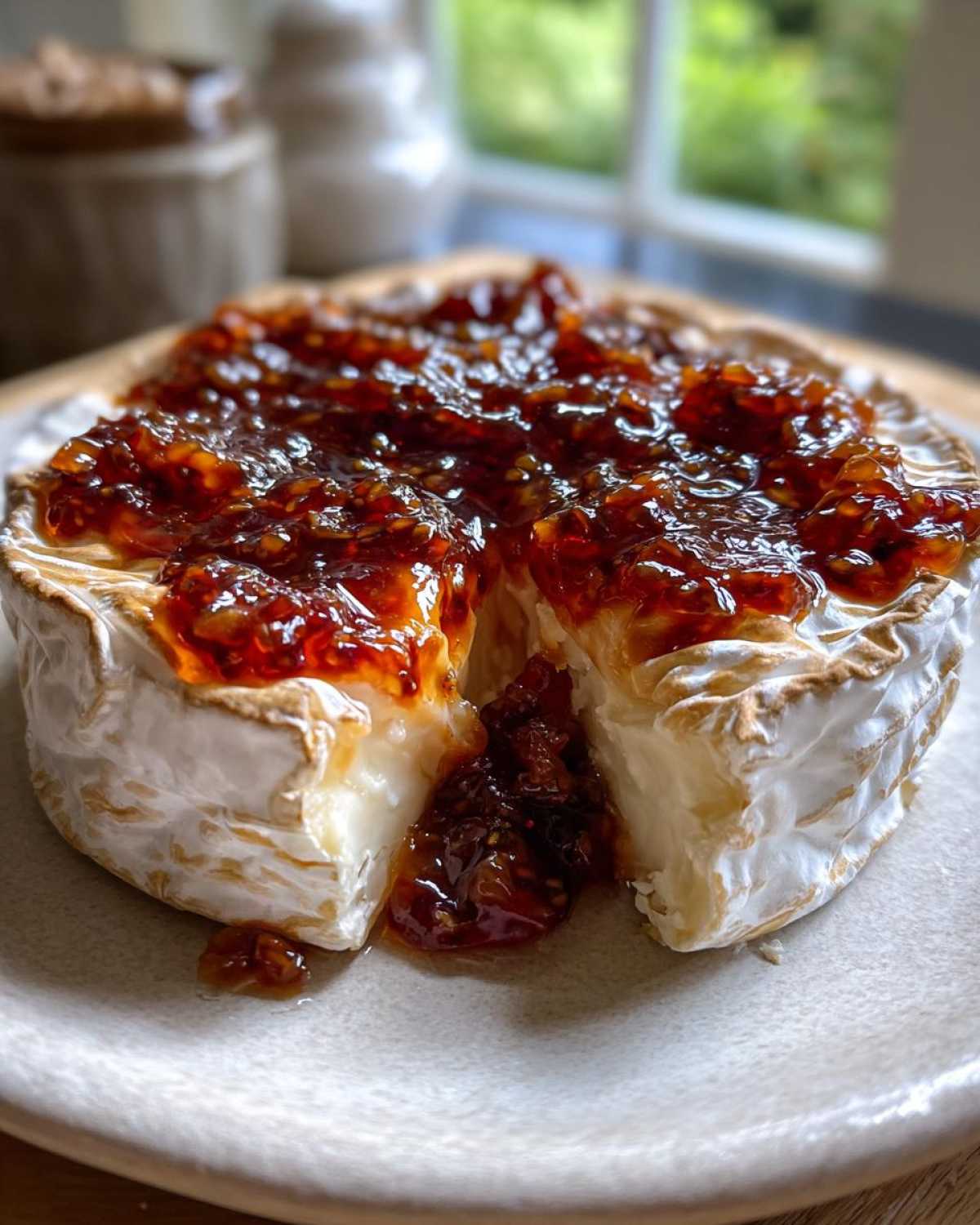 Close-up of a warm baked brie topped with glistening fig jam, with a slice cut out.