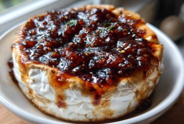 A close-up of a round baked brie topped generously with glistening fig jam, ready to be served.