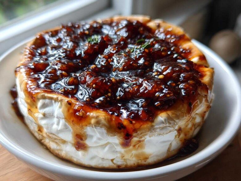 A close-up of a round baked brie topped generously with glistening fig jam, ready to be served.