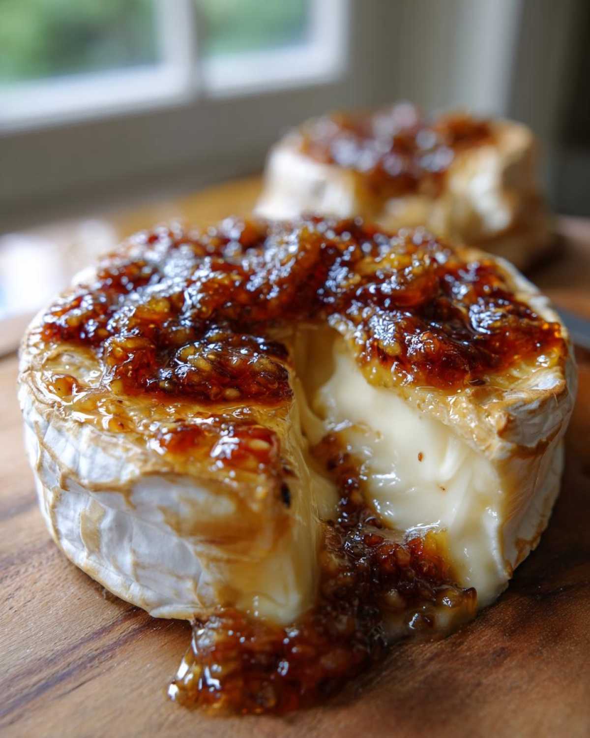 Close-up of a warm, gooey baked brie topped with glistening fig jam, with a second brie in the background.