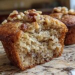 Close-up of a delicious banana walnut muffin, with a bite taken out, showing its moist interior and topped with walnuts.