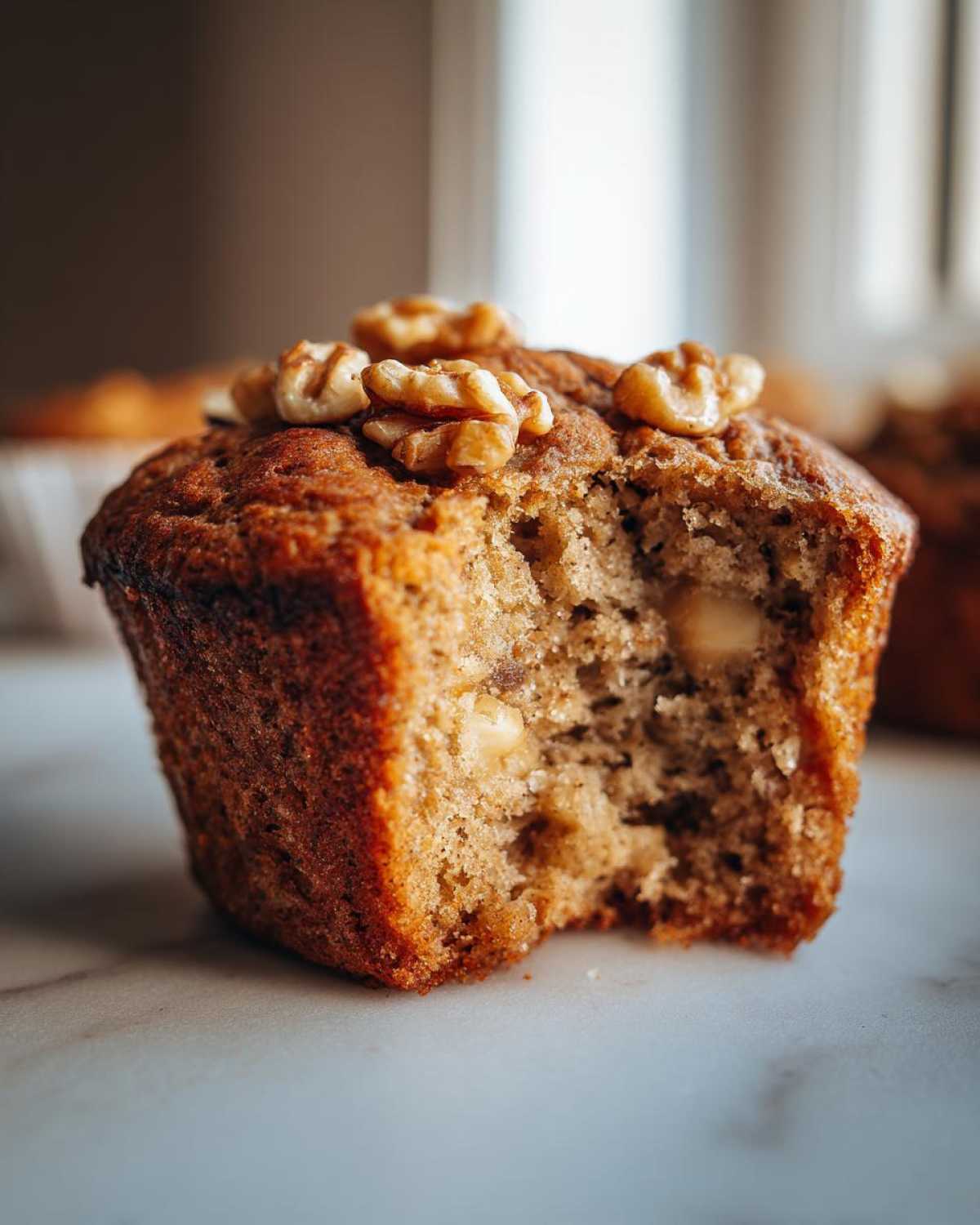 A close-up of a delicious banana walnut muffin with a bite taken out, showing the moist interior and walnuts.