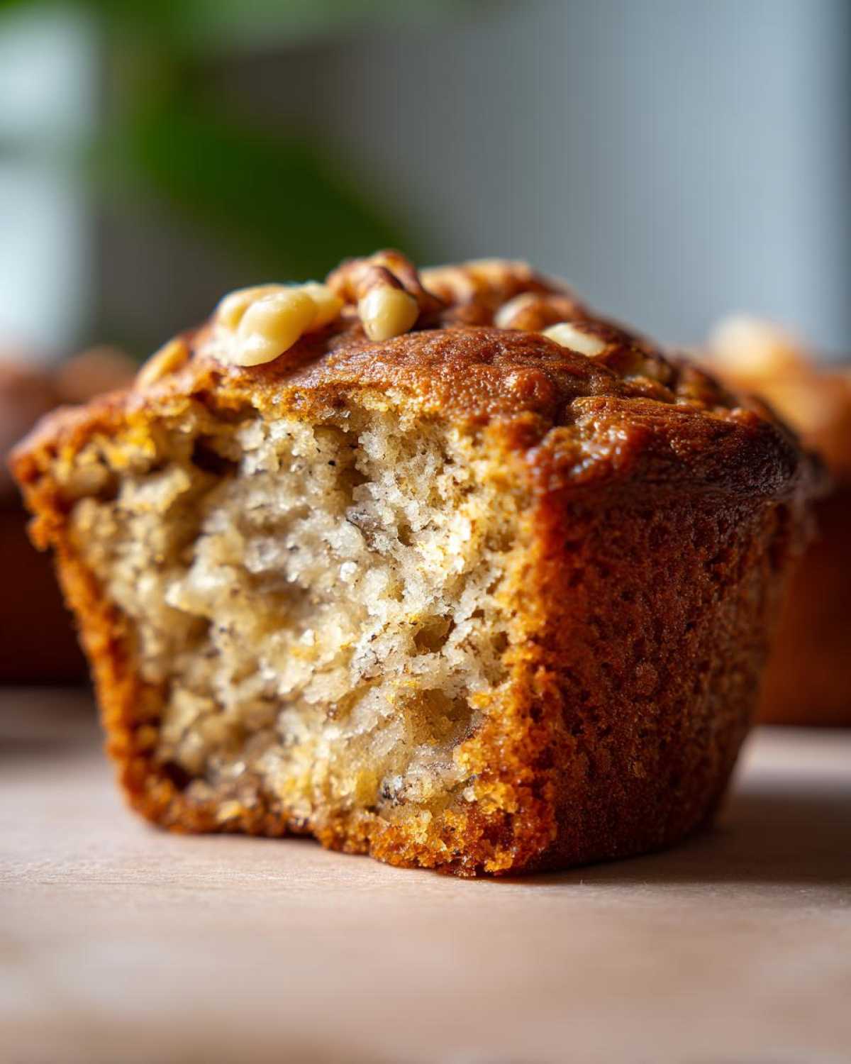 Close-up of a delicious banana walnut muffin with a bite taken out, showing the moist interior and walnuts on top.