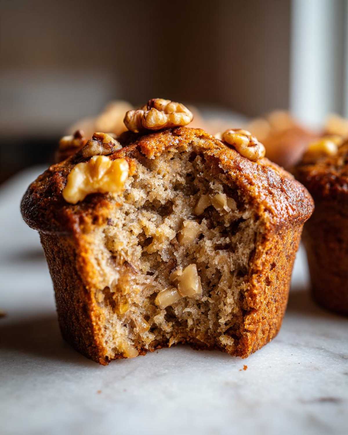 A close-up of a delicious banana walnut muffin with a bite taken out, revealing the soft interior and chunks of walnuts.