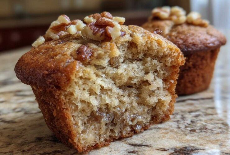 Close-up of a delicious banana walnut muffin, with a bite taken out, showing its moist interior and topped with walnuts.
