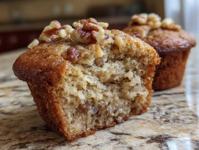 Close-up of a delicious banana walnut muffin, with a bite taken out, showing its moist interior and topped with walnuts.