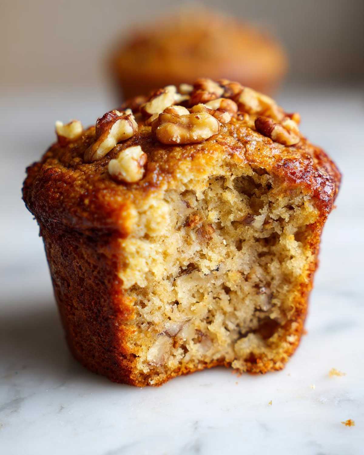 Close-up of a banana walnut muffin with a bite taken out, showing the moist interior and walnut topping.