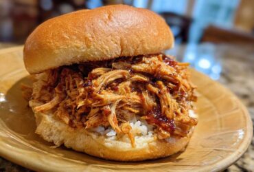 A delicious BBQ Pulled Jackfruit Sandwich on a bun, filled with shredded jackfruit coated in BBQ sauce.