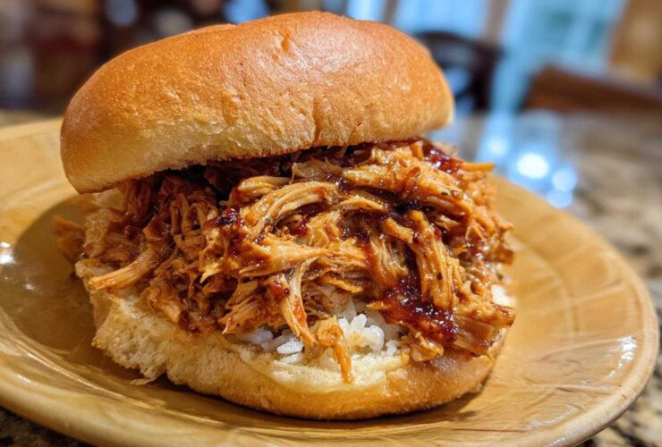 A delicious BBQ Pulled Jackfruit Sandwich on a bun, filled with shredded jackfruit coated in BBQ sauce.